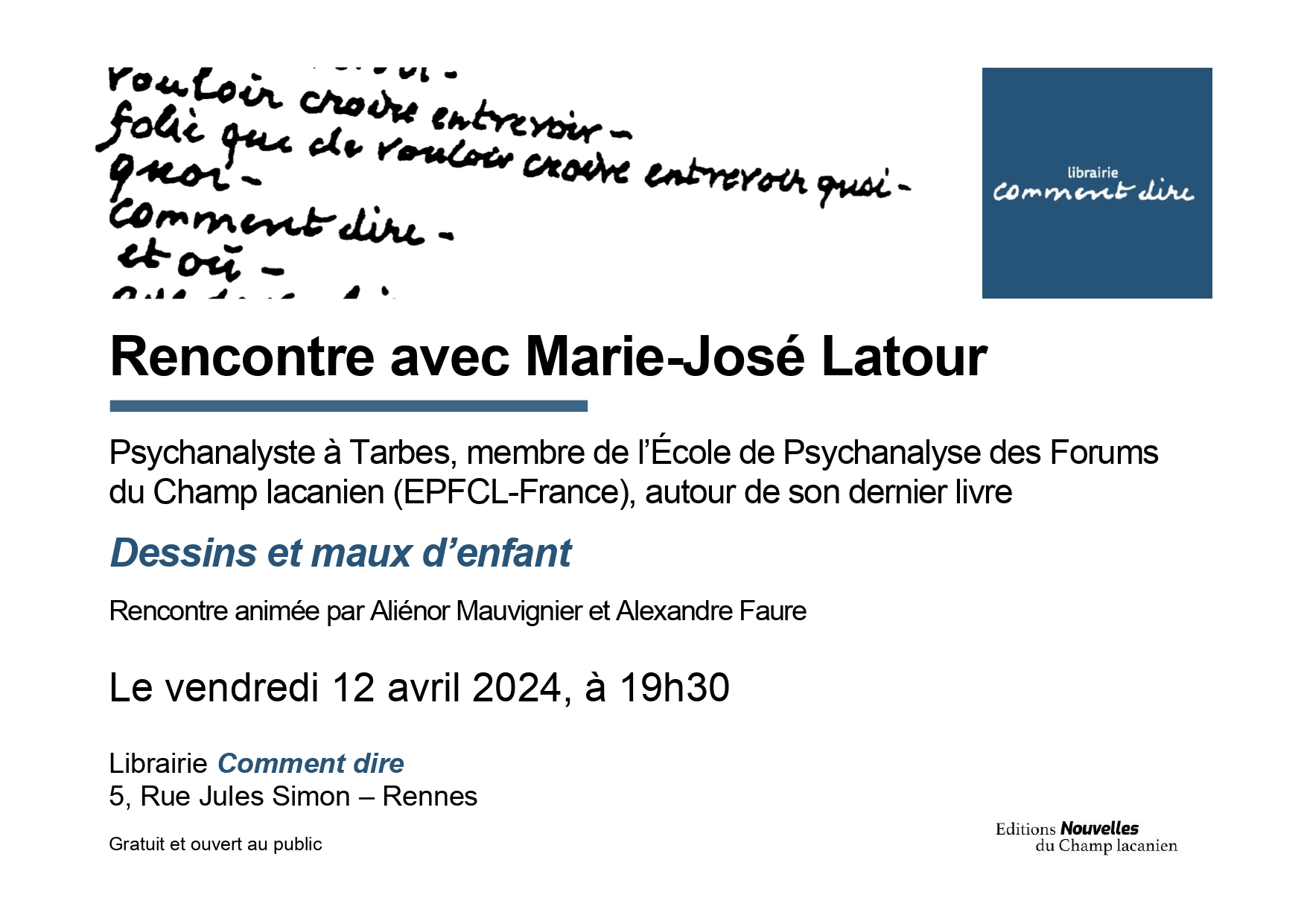 Rencontre avec Marie-José Latour, Librairie Comment dire