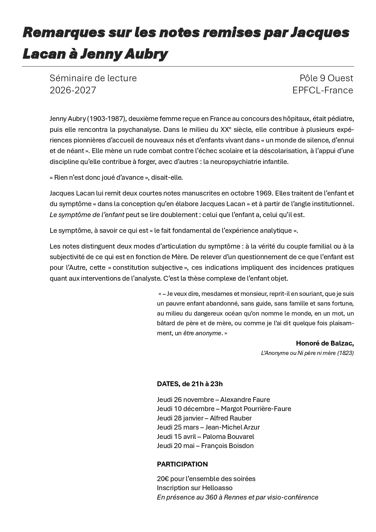 Séminaire de lecture - Remarques sur les notes remises par Jacques Lacan à Jenny Aubry